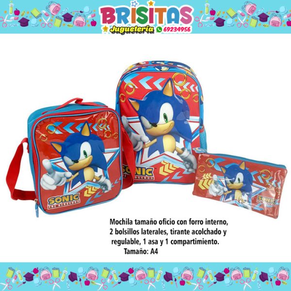 Mochila Sonic  3 piezas Tam A4 (Marca Scool Original)