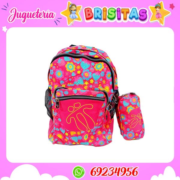 Mochila Totto  Flores rosa engomada con estuchera  Tam Oficio